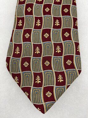 Essex Row Silk Tie Burgundy Gold Blue Geometric Fleur-de-lis Made in USA